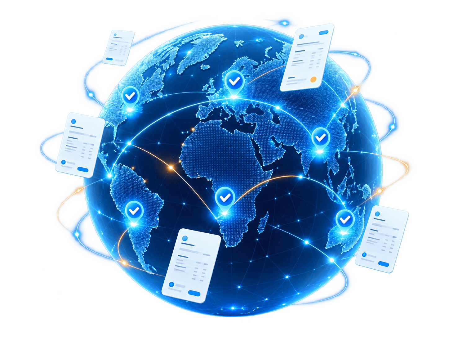 A globe with e-invoices flowing between countries and compliance checks lighting up
