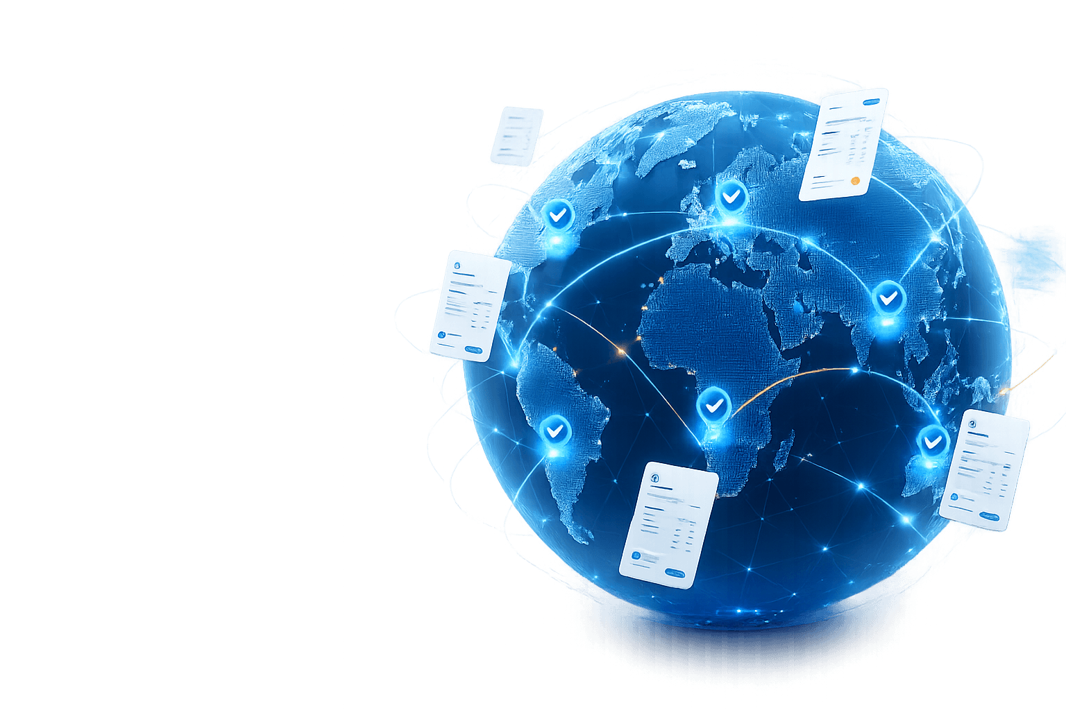A globe with e-invoices flowing between countries and compliance checks lighting up