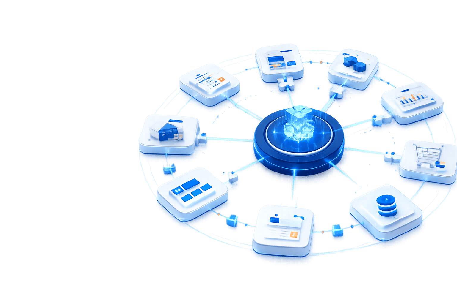 A central hub connected to business systems including ERP, warehouse, analytics and marketplace