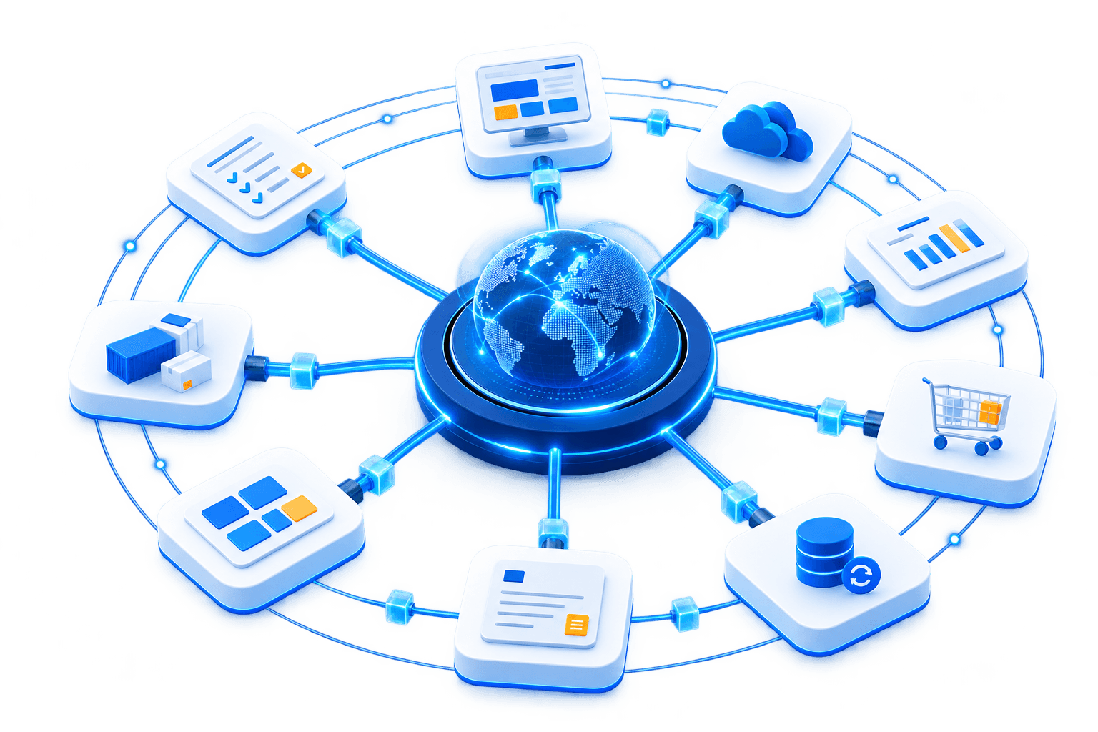 A central hub connected to business systems including ERP, warehouse, analytics and marketplace