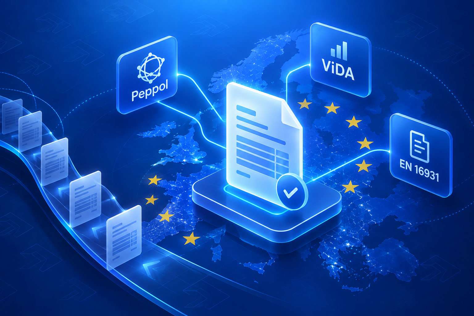 Peppol, ViDA and EN 16931 icons linked to a validated invoice document over a map of Europe with EU stars, showing one provider covering EU eInvoicing compliance