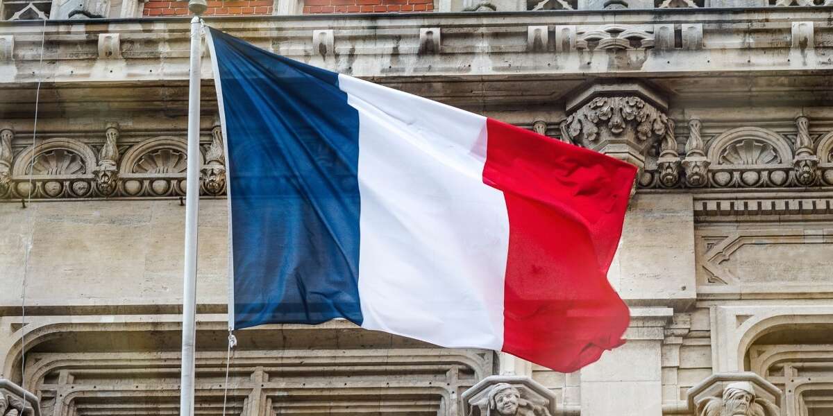 French flag flying full mast in front of an ornate romantic architecture building. Header image for blog titled 