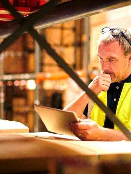 Blog-Headers Man reading ipad in warehouse