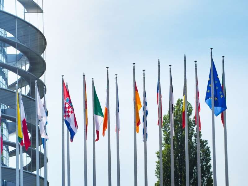 Photo of the row of national flags outside the European Parliament building. Representing a Transalis blog post titled: EU VAT Reporting and eInvoicing Compliance: What You Need to Know