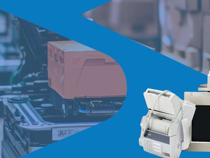 Cover image for the Future of EDI in 2025 report by Transalis. Using a combination of stock images of modern warehouse robotics, overlayed with the signature Transalis logo blue arrows and stock image of a pile of outdated desktop computers
