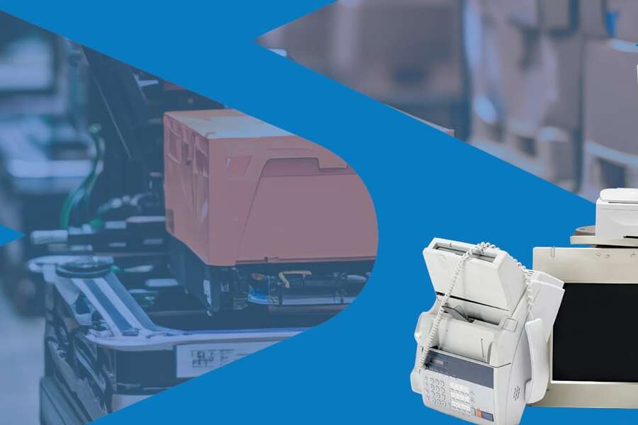 Cover image for the Future of EDI in 2025 report by Transalis. Using a combination of stock images of modern warehouse robotics, overlayed with the signature Transalis logo blue arrows and stock image of a pile of outdated desktop computers