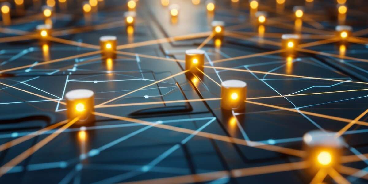 Glowing yellow nodes connected by illuminated lines on a dark digital surface, visually representing the connectivity and data flow of Microsoft Dynamics 365 EDI
