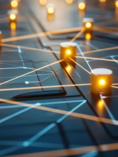 Glowing yellow nodes connected by illuminated lines on a dark digital surface, visually representing the connectivity and data flow of Microsoft Dynamics 365 EDI