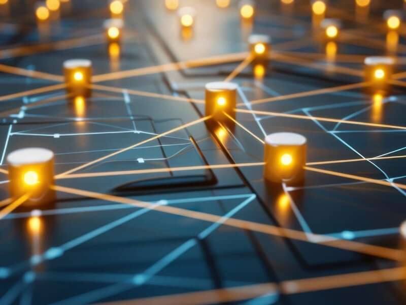 Glowing yellow nodes connected by illuminated lines on a dark digital surface, visually representing the connectivity and data flow of Microsoft Dynamics 365 EDI