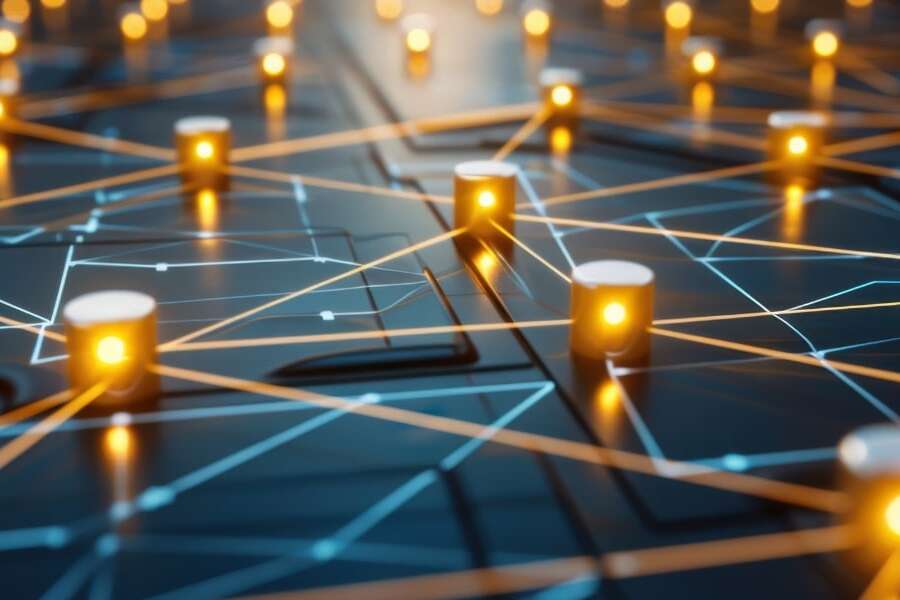 Glowing yellow nodes connected by illuminated lines on a dark digital surface, visually representing the connectivity and data flow of Microsoft Dynamics 365 EDI