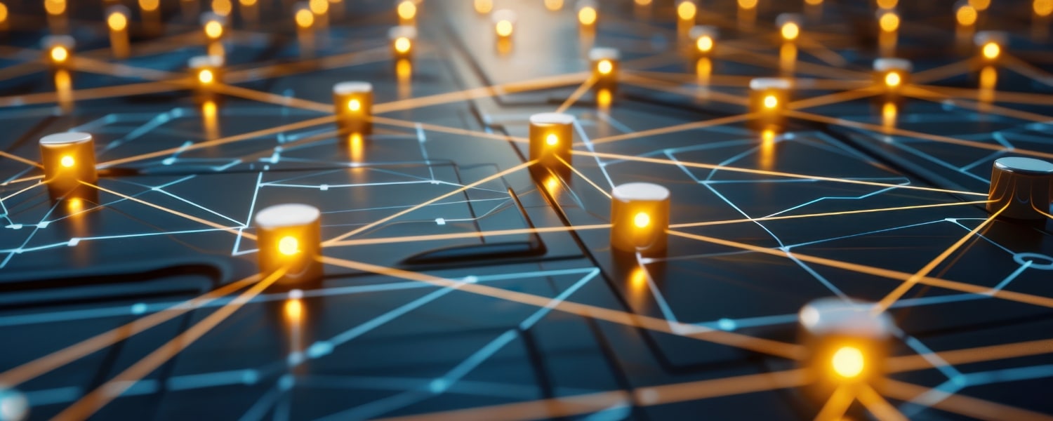 Glowing yellow nodes connected by illuminated lines on a dark digital surface, visually representing the connectivity and data flow of Microsoft Dynamics 365 EDI